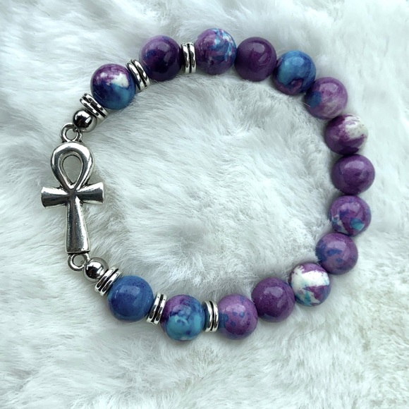 Purple blue snowflake jasper ankh cross bracelet - Picture 4 of 10